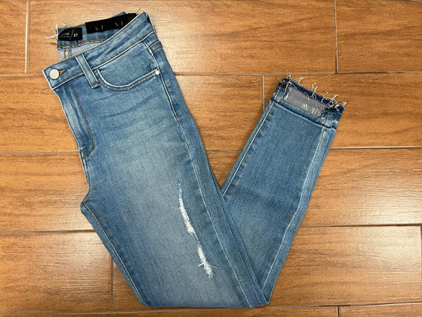 Medium Wash Jeans with Rip and Square Ankle Cut-Outs (sz 27)