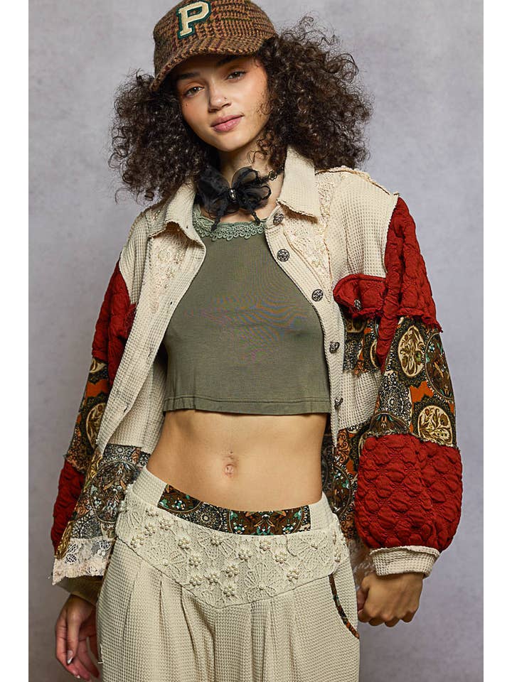 POL Balloon Sleeve Pearl Detail Floral A-Line Fit Jacket