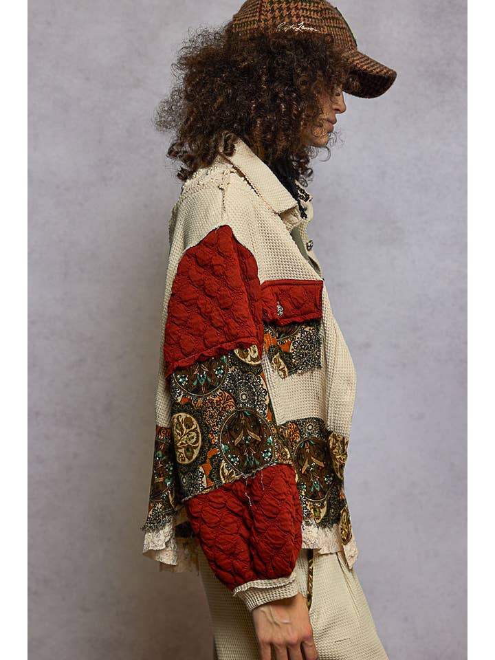 POL Balloon Sleeve Pearl Detail Floral A-Line Fit Jacket