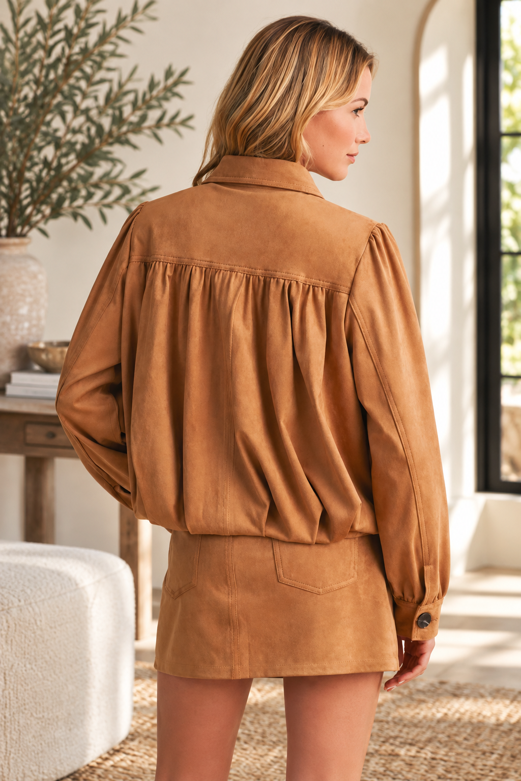 The Golden Hour Faux Suede Gathered Blouson Jacket