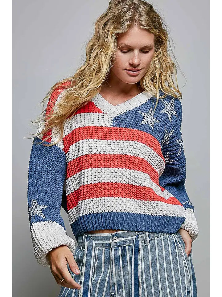 American Dream Chenille USA Flag V-Neck Sweater