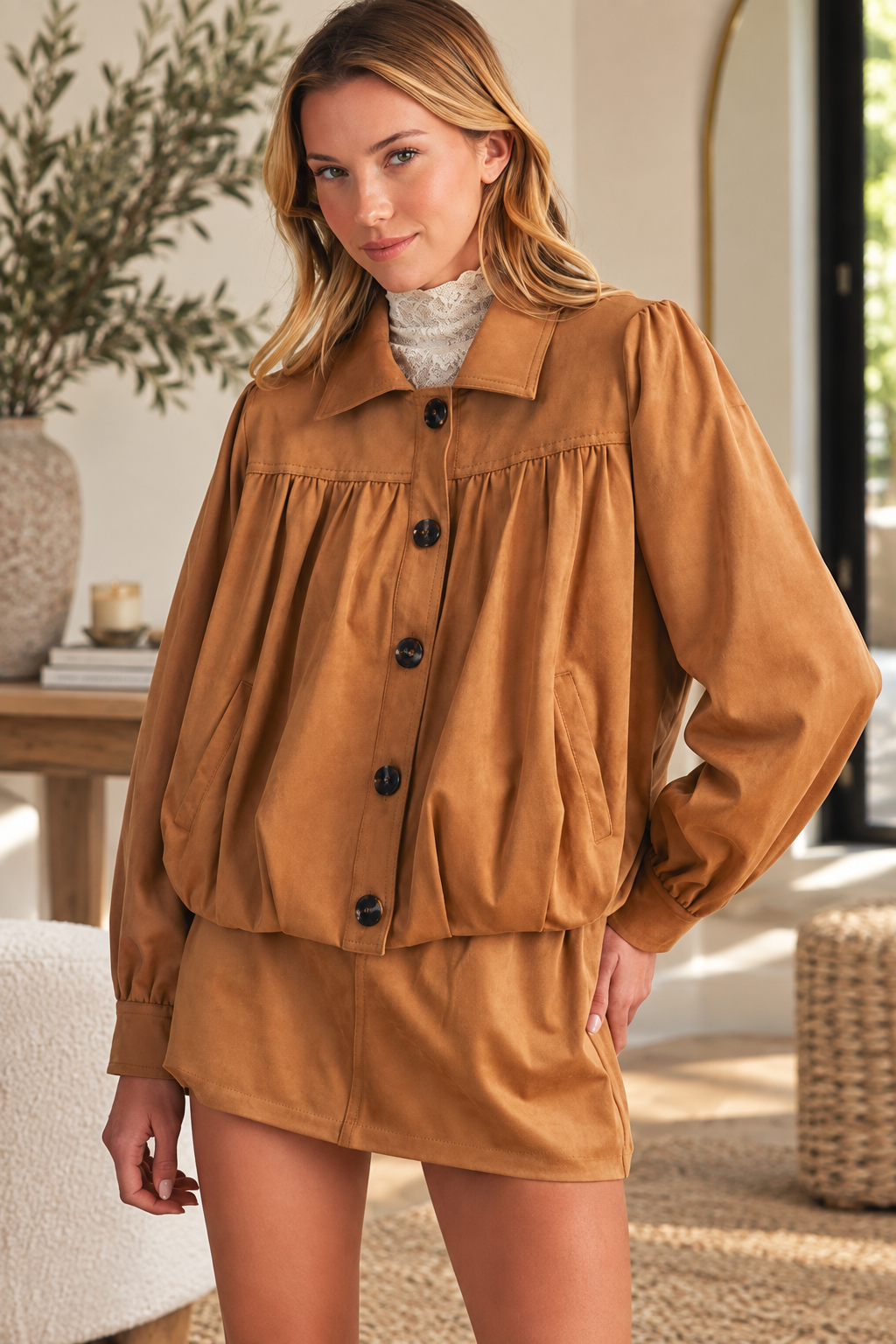 The Golden Hour Faux Suede Gathered Blouson Jacket