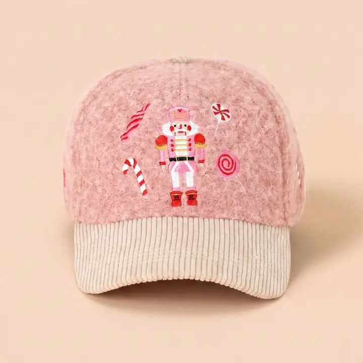 Nutcracker Holiday Candy Cane Embroidered Fuzzy Corduroy Baseball Cap