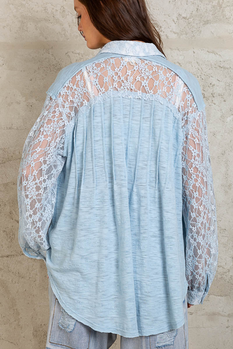 Blue Collared Floral Lace Button Down