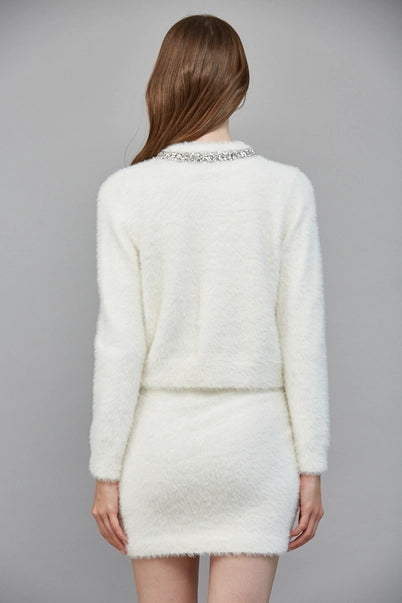 Rhinestone Embellished Fuzzy Knit Cardigan