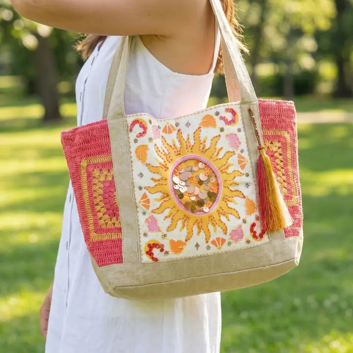 Sunburst Sequin Embroidered Crochet Tote Bag