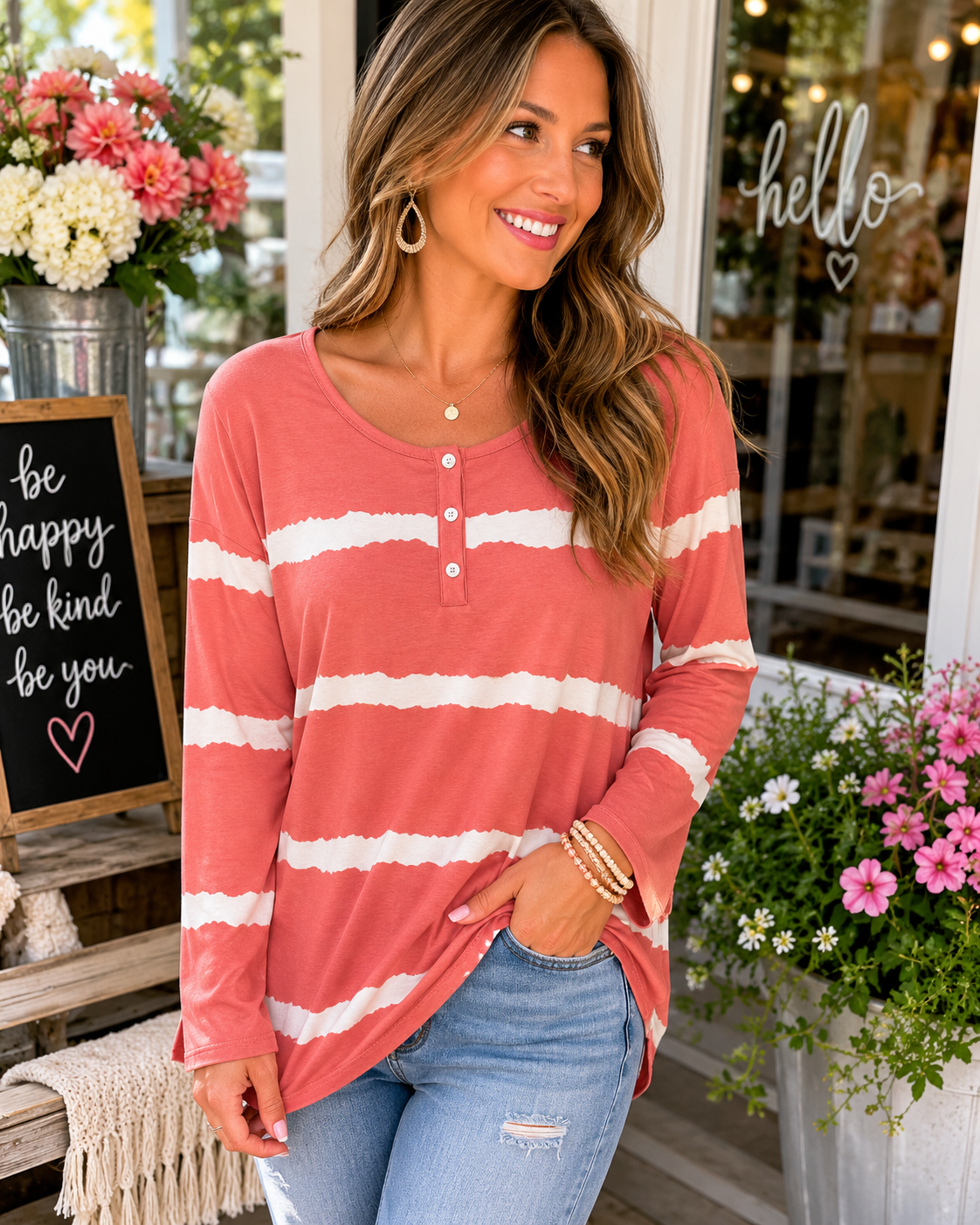 oral Coast Stripe Henley Top – Lightweight Long Sleeve Boutique Blouse