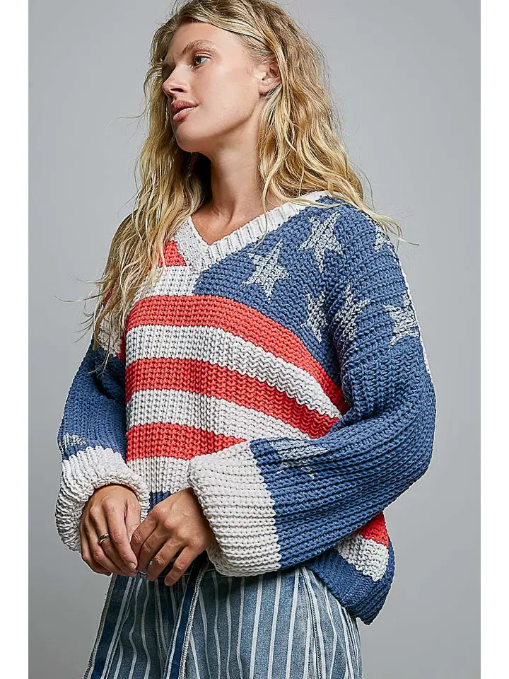 American Dream Chenille USA Flag V-Neck Sweater