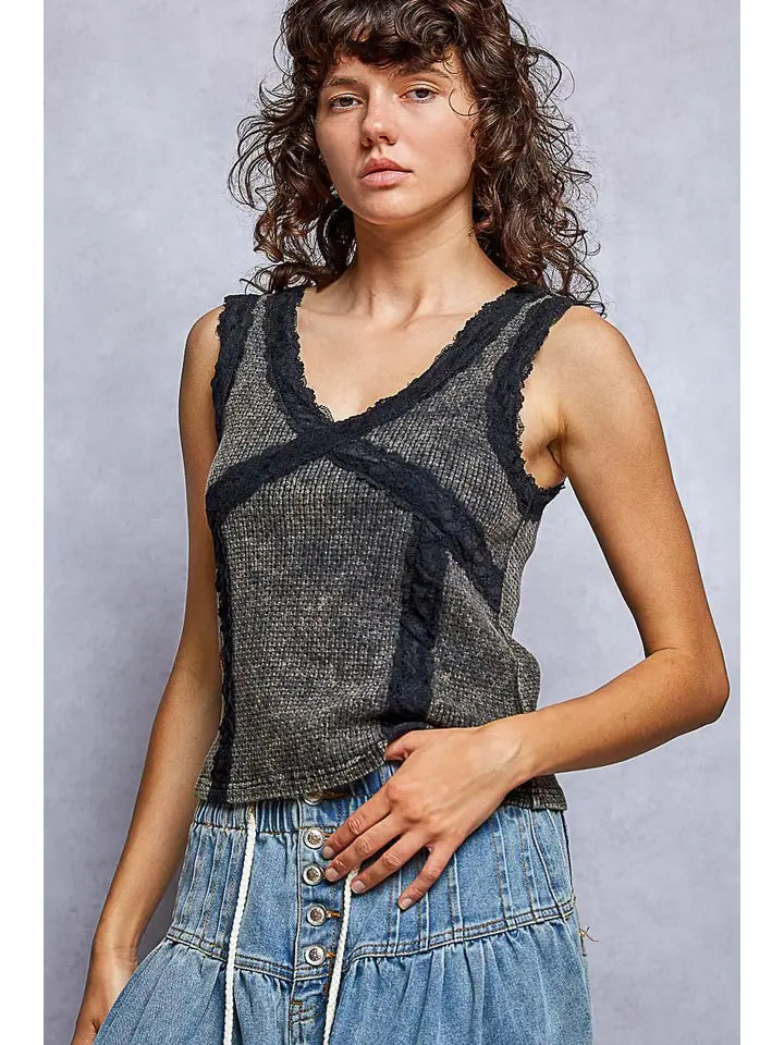 Vintage Romance Lace Trim Thermal V-Neck Tank