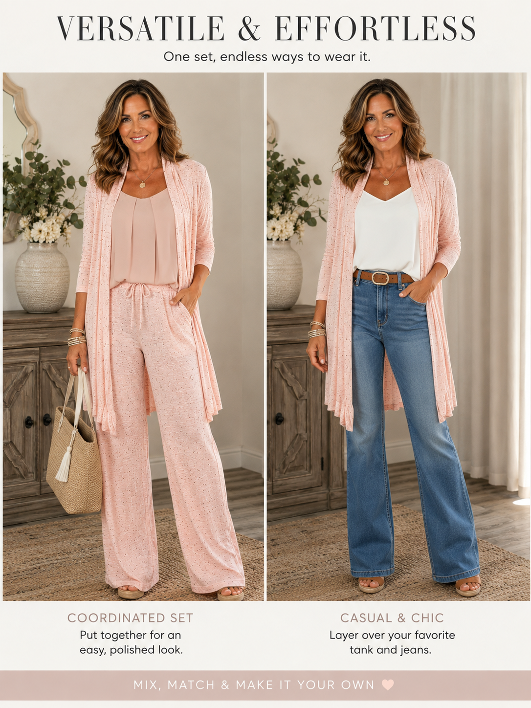 Blush Speckled Open Front Lightweight Cardigan – Women's Soft Layering Duster