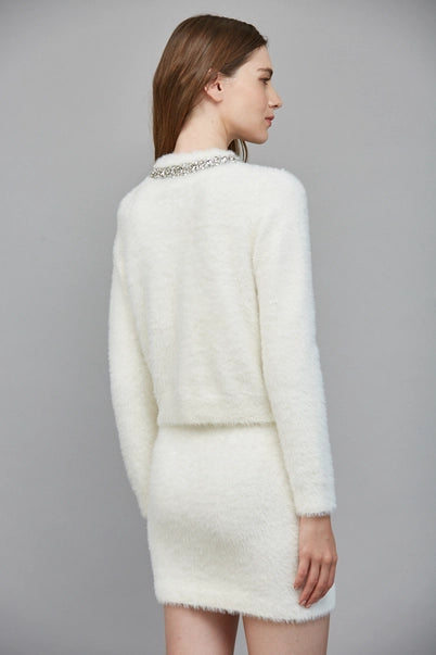 Rhinestone Embellished Fuzzy Knit Cardigan