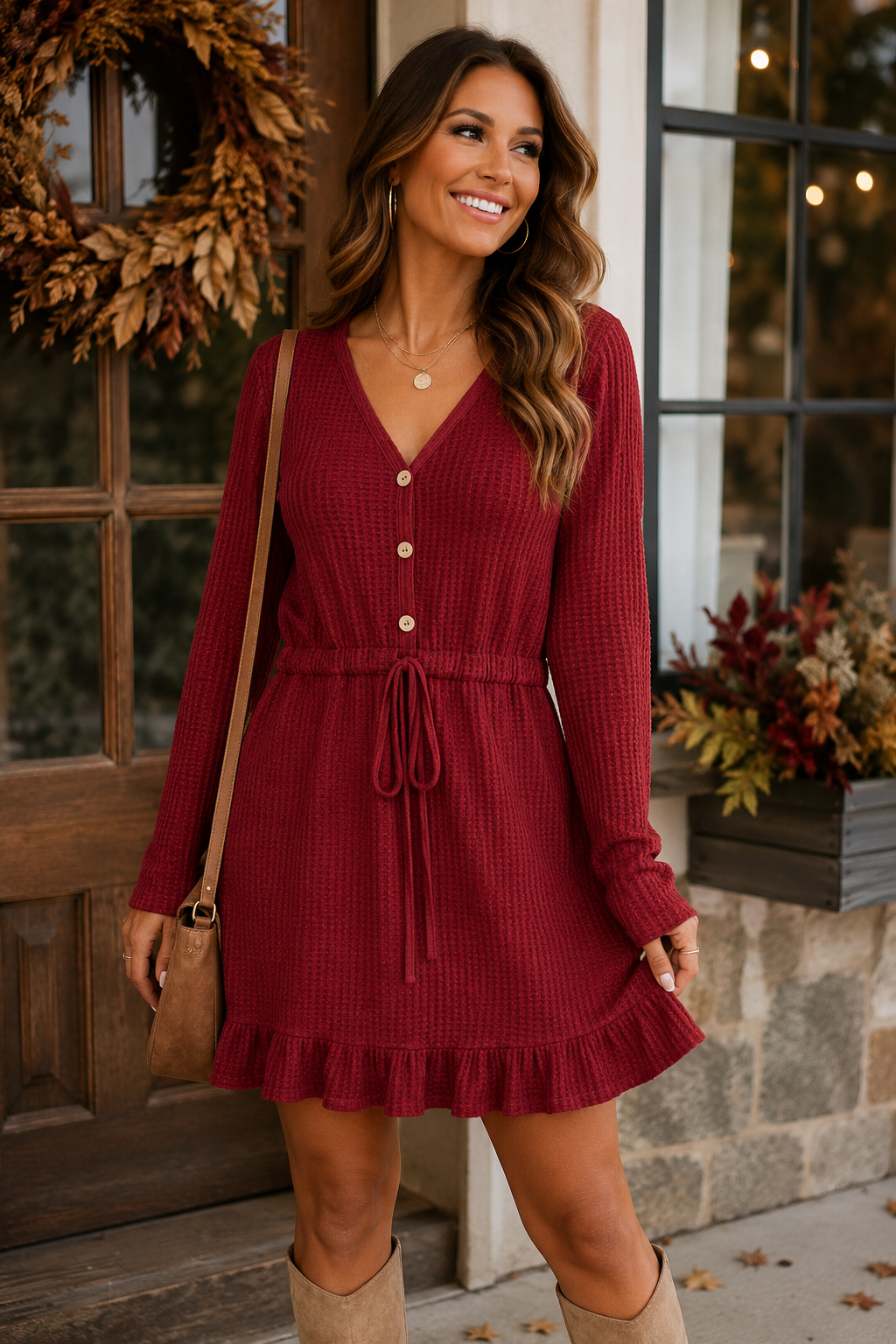 Harvest Harmony Burgundy Waffle Knit Tie-Waist Dress