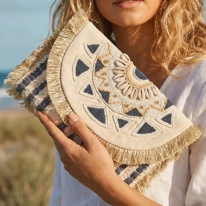 The Santorini Beaded Fringe Mandala Clutch