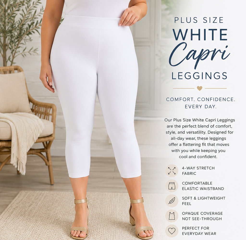 Plus Size Everyday Comfort White Capri Leggings | High Waist 4-Way Stretch Women's Capris