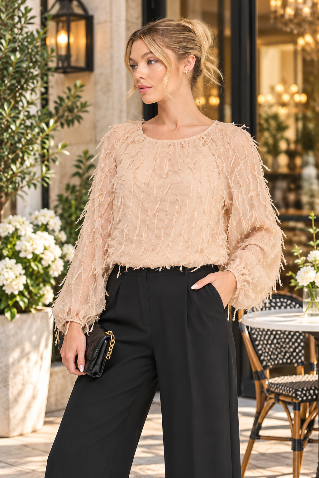 Champagne Dreams Textured Fringe Long Sleeve Blouse