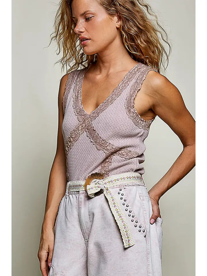 Vintage Romance Lace Trim Thermal V-Neck Tank