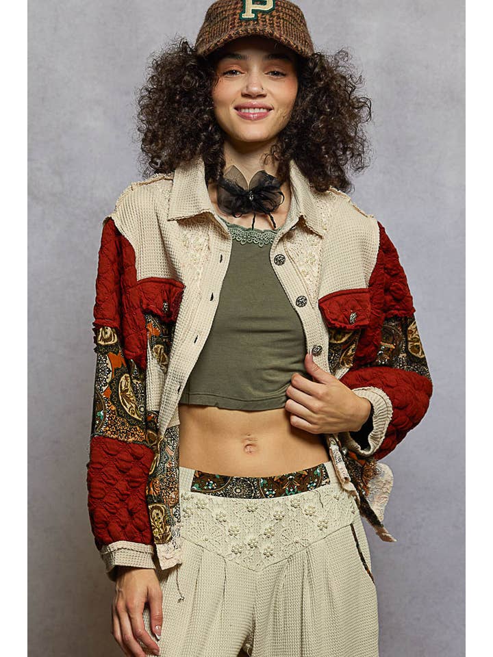 POL Balloon Sleeve Pearl Detail Floral A-Line Fit Jacket