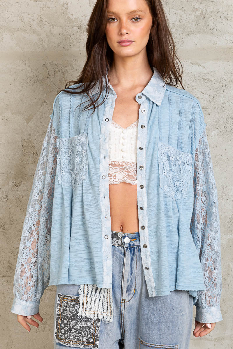 Blue Collared Floral Lace Button Down