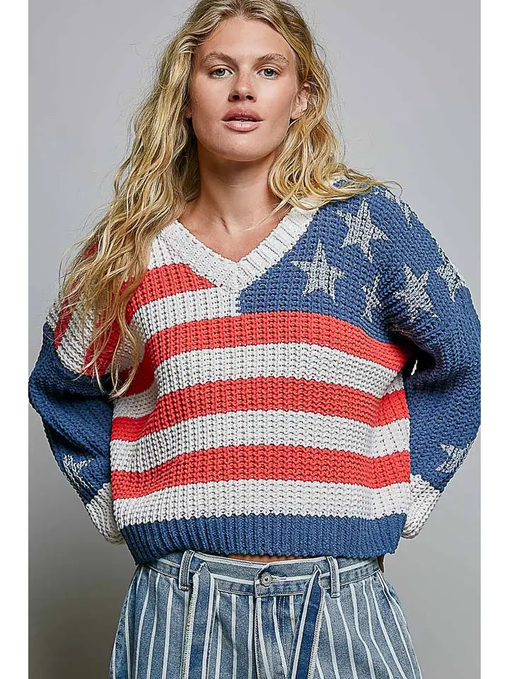 American Dream Chenille USA Flag V-Neck Sweater