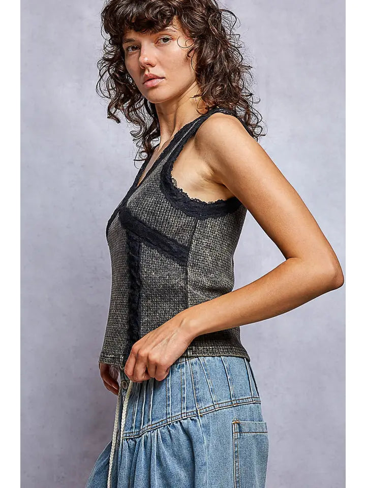 Vintage Romance Lace Trim Thermal V-Neck Tank