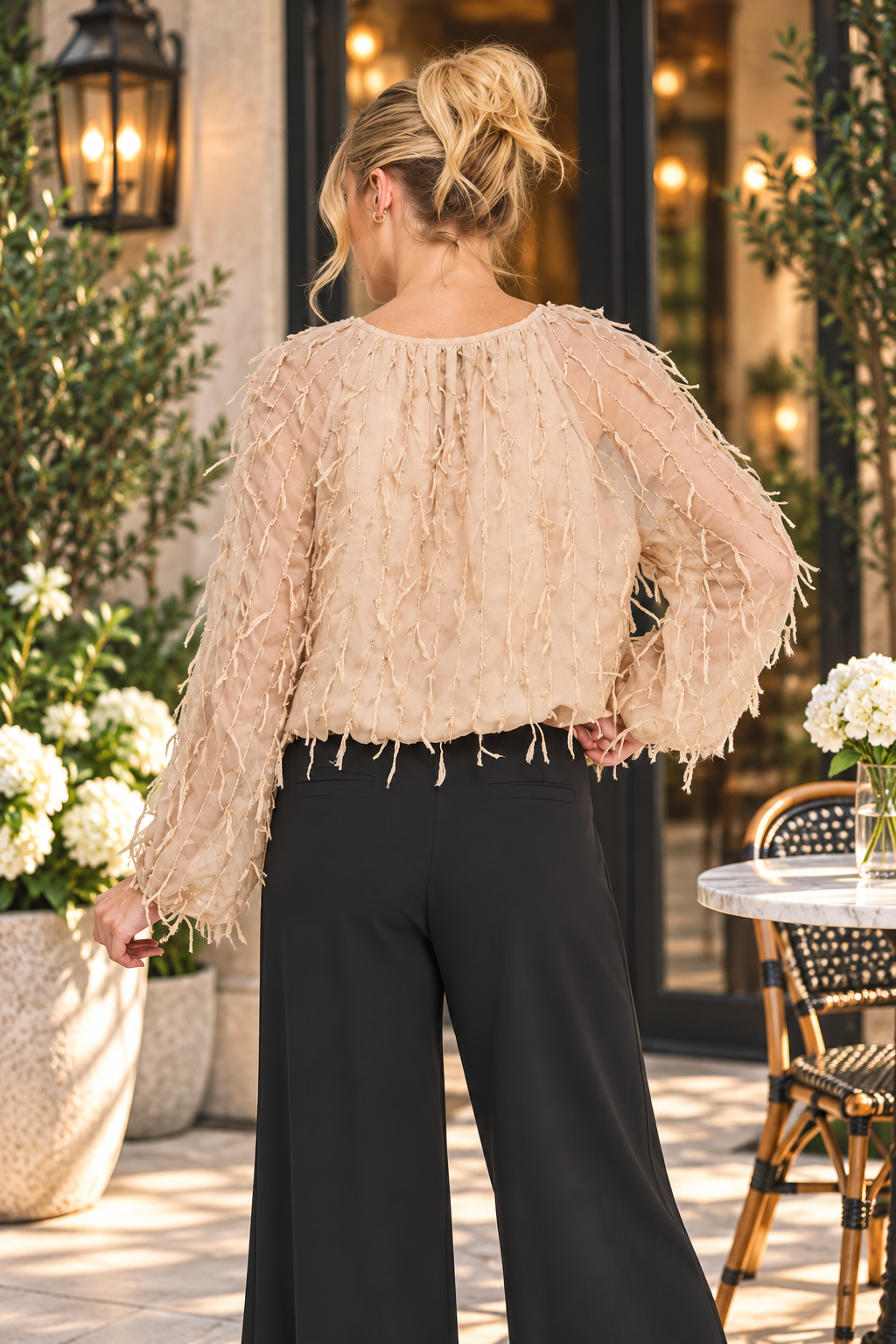 Champagne Dreams Textured Fringe Long Sleeve Blouse