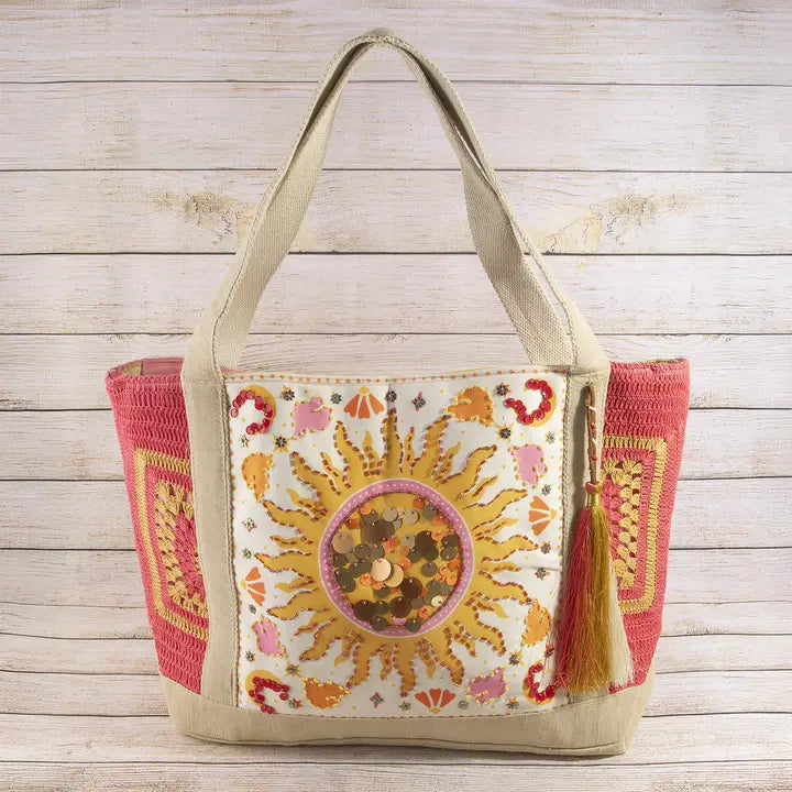 Sunburst Sequin Embroidered Crochet Tote Bag
