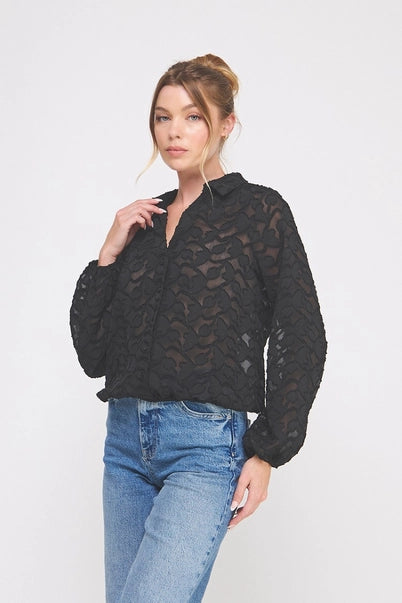 Jacquard Burnout Button Up Long Sleeve Blouse