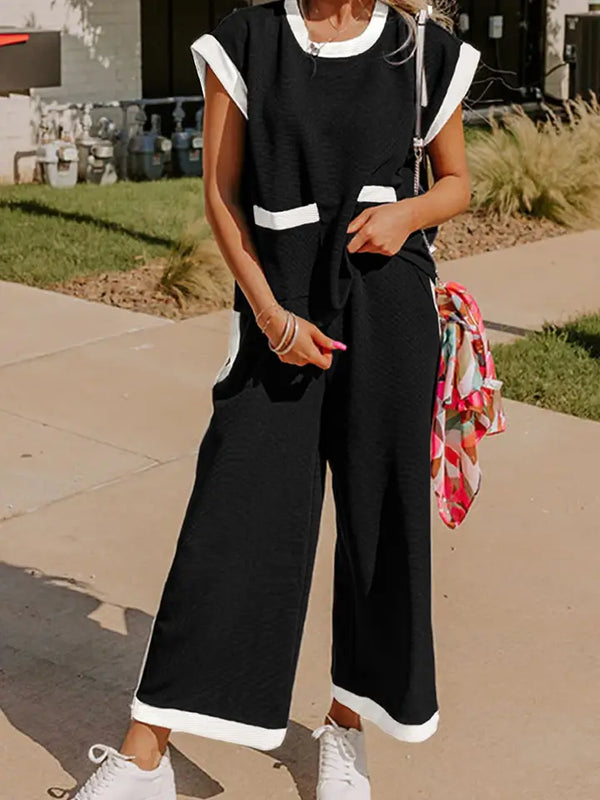 Black Color Block Knit Sleeveless Set