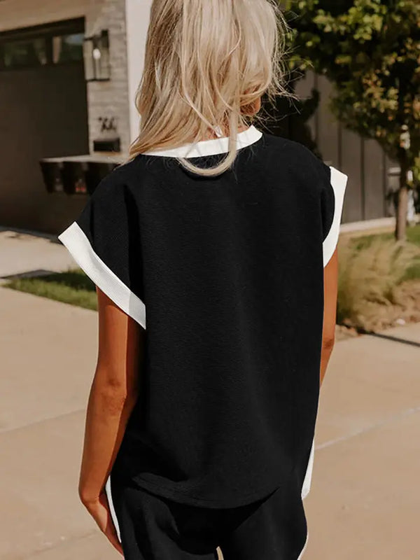 Black Color Block Knit Sleeveless Set
