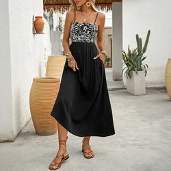 Black Boho Sleeveless Floral Smocked Midi Dress with Spaghetti Straps