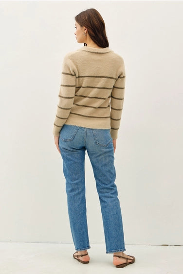 Collared Fuzzy Striped V Neck Sweater w/stripes