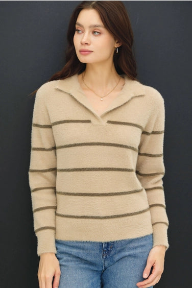 Collared Fuzzy Striped V Neck Sweater w/stripes