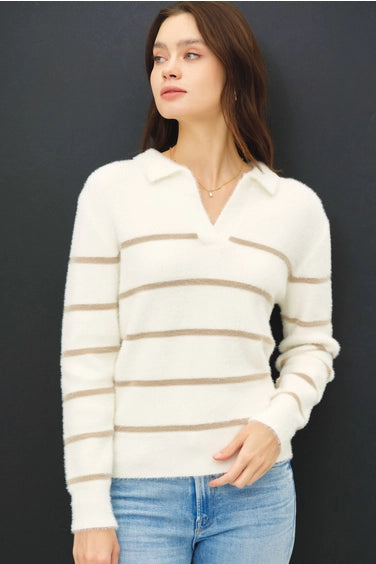 Collared Fuzzy Striped V Neck Sweater w/stripes