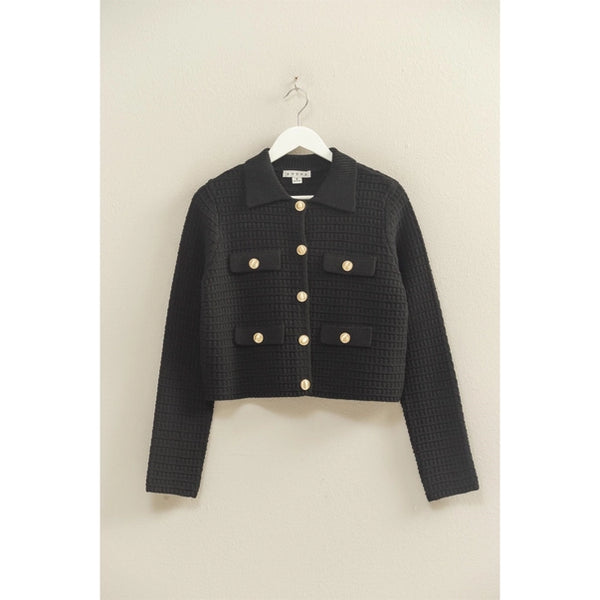 Textured Knit Sweater Jacket with Gold Buttons