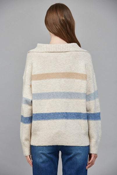 Ribbed Wide Collar with V-Slit Striped Sweater