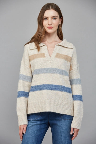 Ribbed Wide Collar with V-Slit Striped Sweater