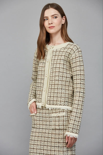 Check Pattern Tweed Knit Cardigan