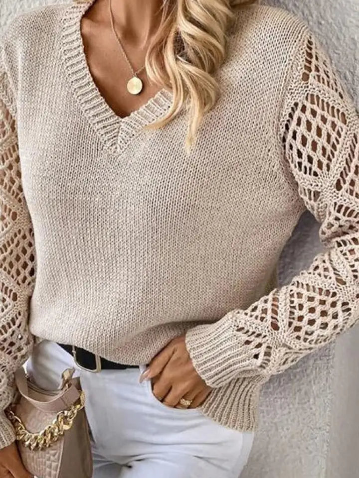 Beige Crotchet Sleeve V-Neck Sweater