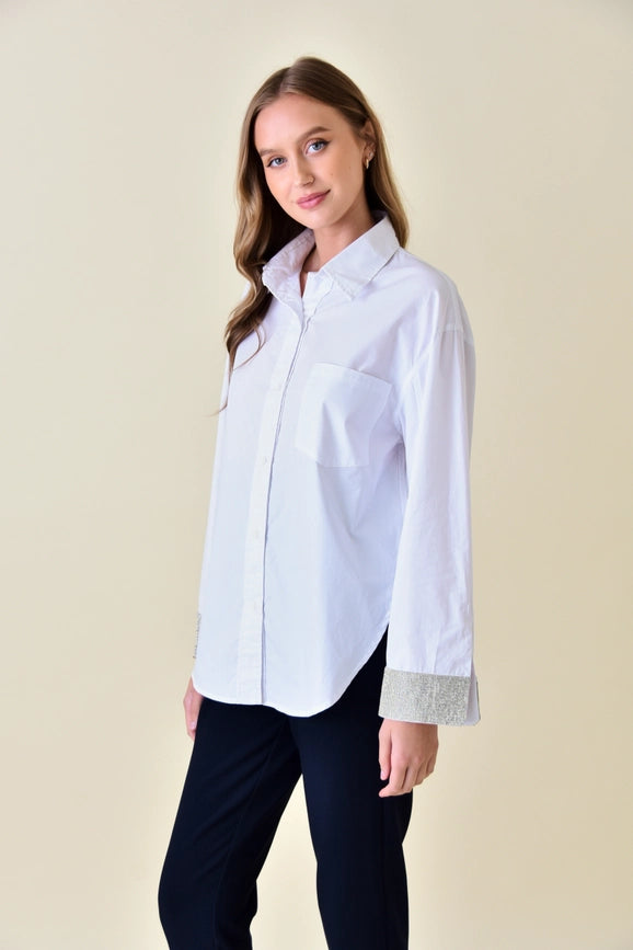 White Button Shirt with Crystal Cuffs Swarovsky