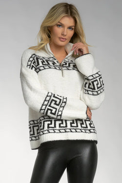 Elan White and Black 3/4 Zip Greek Key Sweater