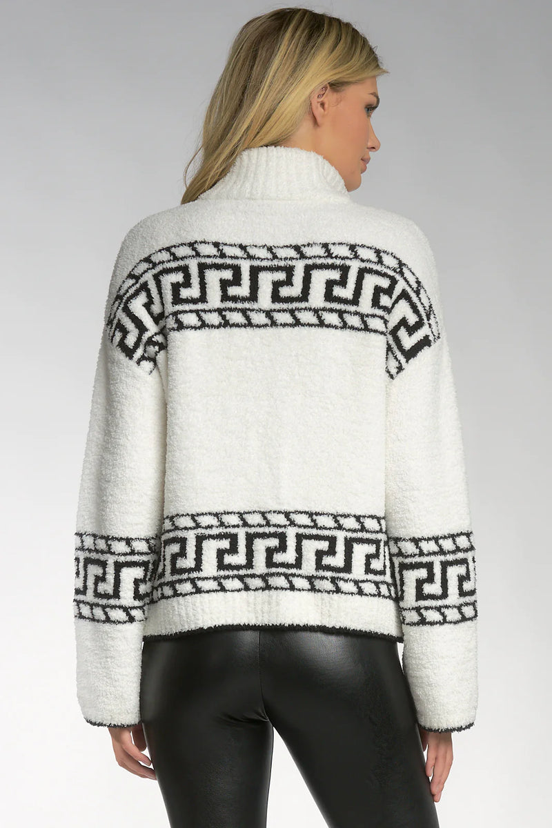 Elan White and Black 3/4 Zip Greek Key Sweater