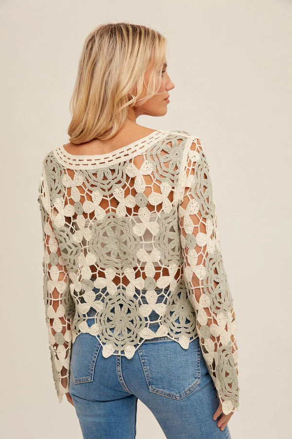 Floral Mandala Crotchet Sweater in Cream and Sage