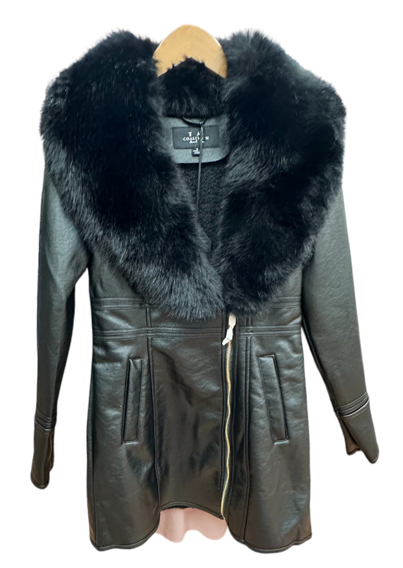 Black Leather Long Coat w/Removable Fur Collar