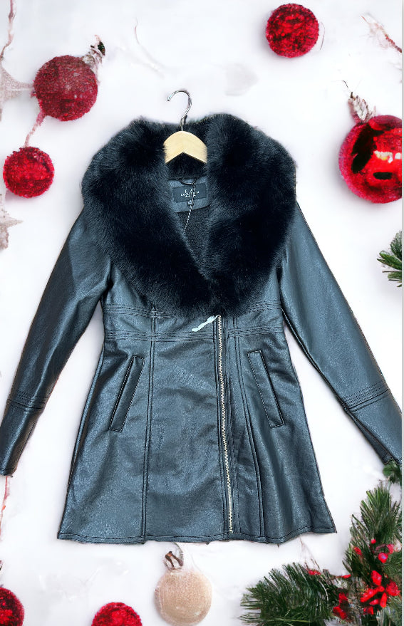 Black Leather Long Coat w/Removable Fur Collar