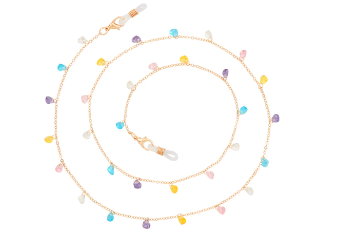 Gold Eyeglass Chain with Multi-Color Heart Stones