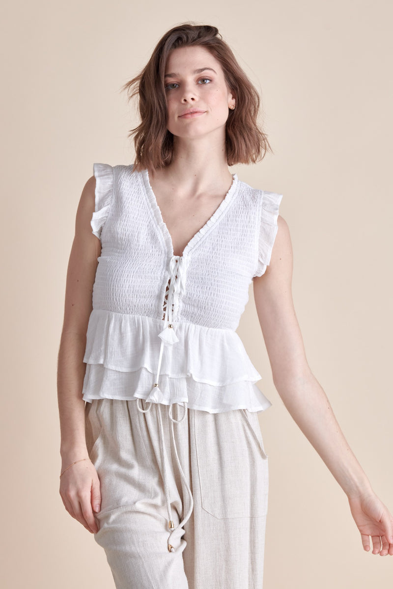 The Smocked Lace-up Top with Ruffle Detail in White