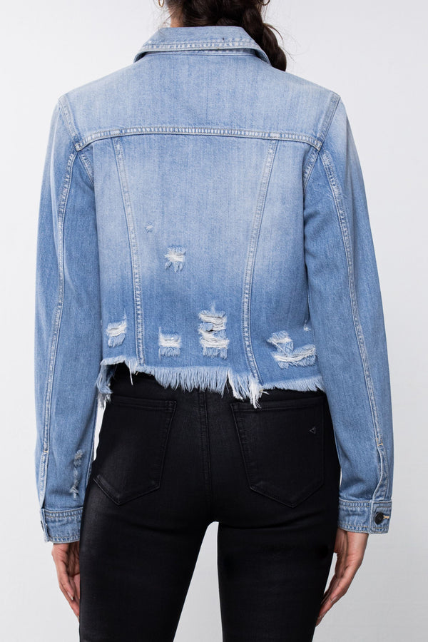 Fitted Light Wash Fringed Jean Jacket