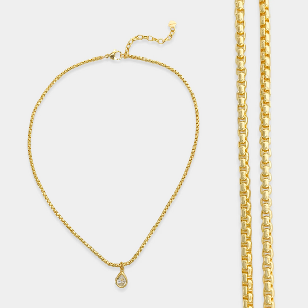 Cubic Zirconia Gold Teardrop Chain Necklace