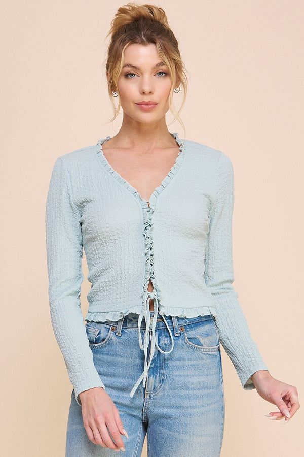 Long Sleeve Crinkle Top with Lace Up Detail