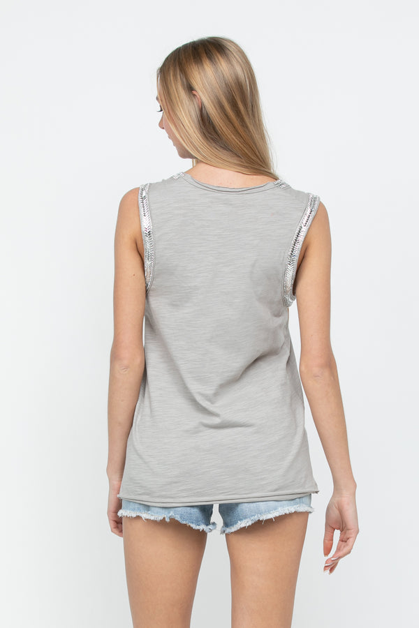 Sleeveless Vintage Bedazzled Round-Neck Top